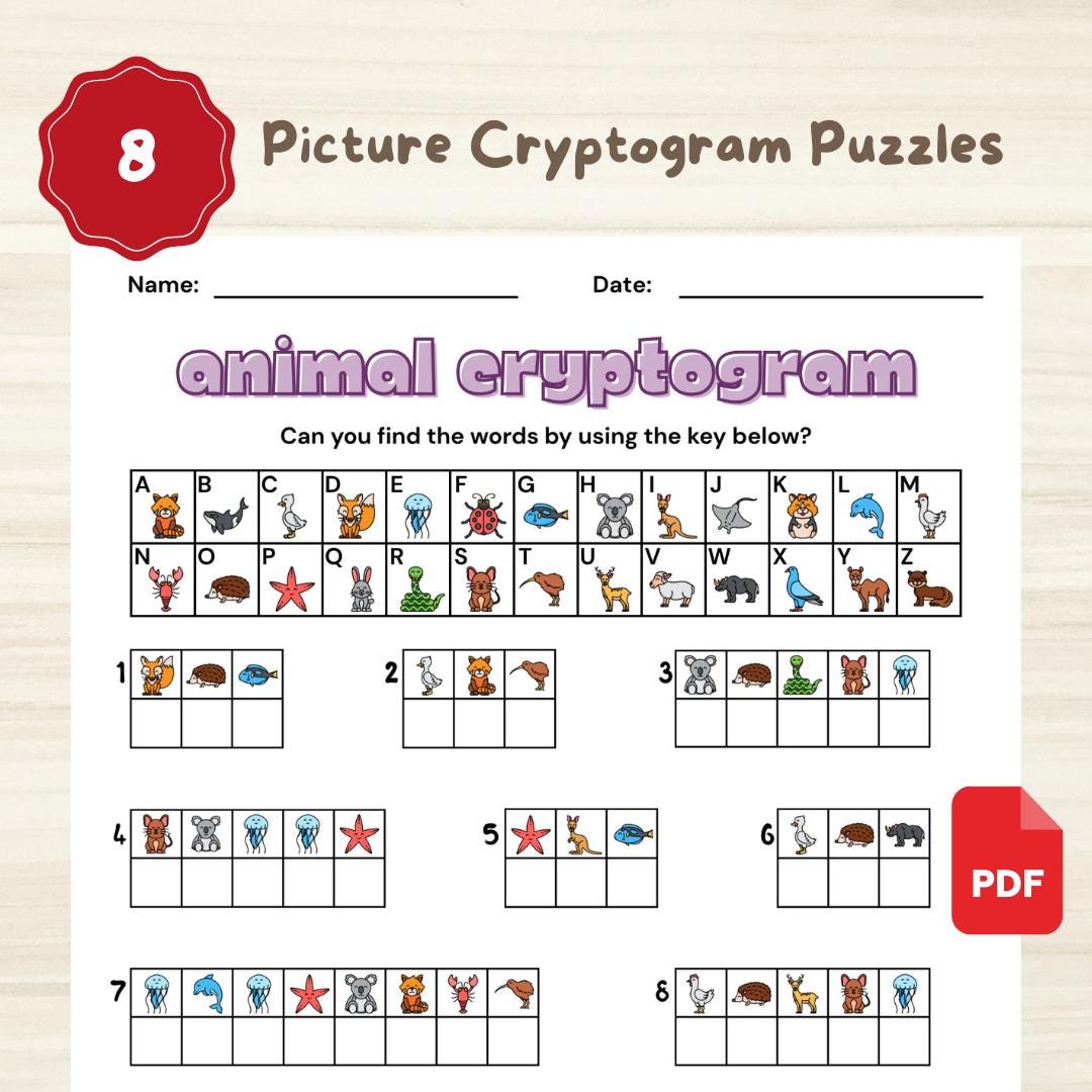 Criptograma de 8 Animais | Quebra-cabeça de Palavras-Código em PDF para Imprimir, Aprendizagem Montessori, Pré-escola, Ensino Domiciliar para Crianças e Idosos, Download Instantâneo