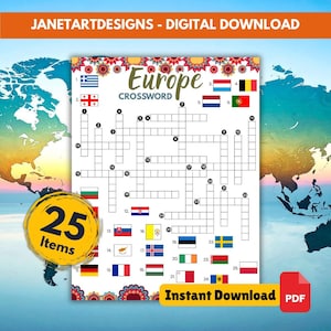 Può includere: Un download digitale con un cruciverba intitolato "Europe CROSSWORD". Il puzzle include 25 elementi e bandiere di paesi europei. L'immagine contiene il testo "JANETARTDESIGNS - DIGITAL DOWNLOAD" e "Instant Download PDF".
