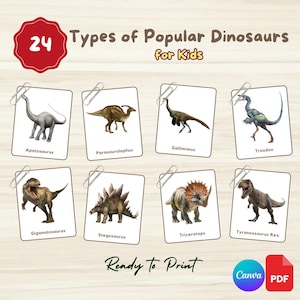 24 DINOSAURIER Lesezeichen | Vokabeln für Kinder | Bearbeitbare Montessori 3-teilige Karten | Canva Link + Druckbare PDF-Datei | Kindergartenkinder