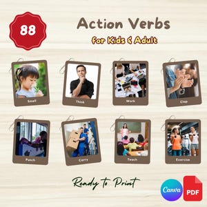 88 VERBES D'ACTION | Vocabulaire commun des verbes d'action en anglais | Cartes Montessori imprimables en 3 parties | Lien canva modifiable + fichier PDF