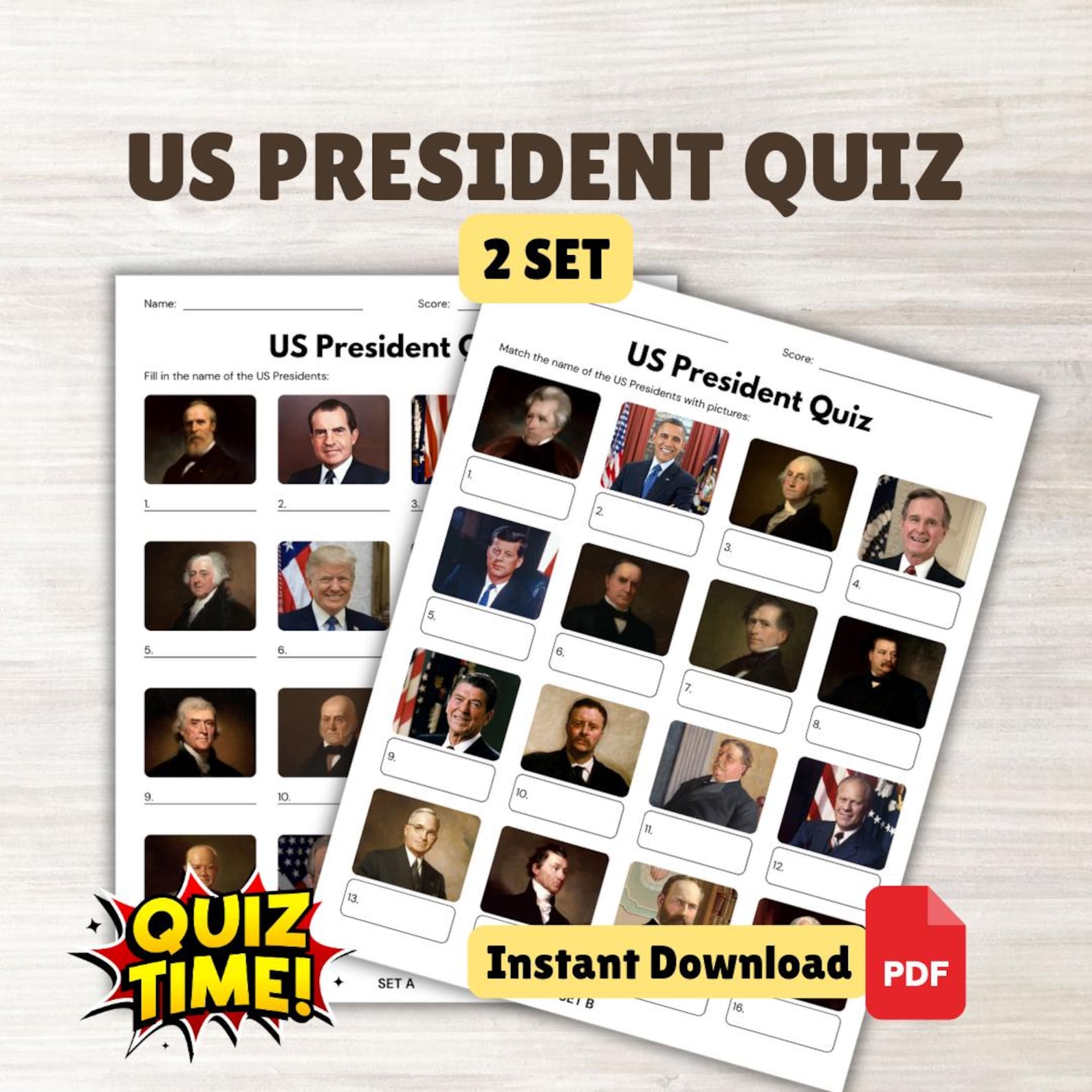US President Picture Quiz With Answers (2 Set) | Trivia Quiz Game - Etsy