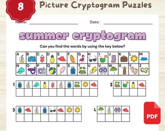 8 Criptogramas de Verão | Quebra-cabeça de palavras em PDF para impressão, aprendizagem Montessori, pré-escola, educação domiciliar para crianças e idosos, download instantâneo