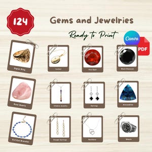 124 EDELSTEINE & SCHMUCK Karteikarten | Bearbeitbare Montessori 3-teilige Karten | Canva Link + Druckbare PDF-Datei | Vorschule, Kids, Studenten