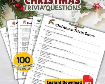 May include: A stack of Christmas trivia game sheets with multiple-choice questions and answers. The title "Christmas Trivia Questions" is at the top. The image includes a "100 Questions with Answers" graphic and a "Instant Download PDF" button.