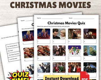 Pode incluir: Um questionário imprimível de filmes de Natal com fotos de filmes e perguntas de preenchimento. O questionário inclui o texto "Christmas Movies Quiz" e "Instant Download PDF". As palavras "Quiz Time!" estão em um balão.