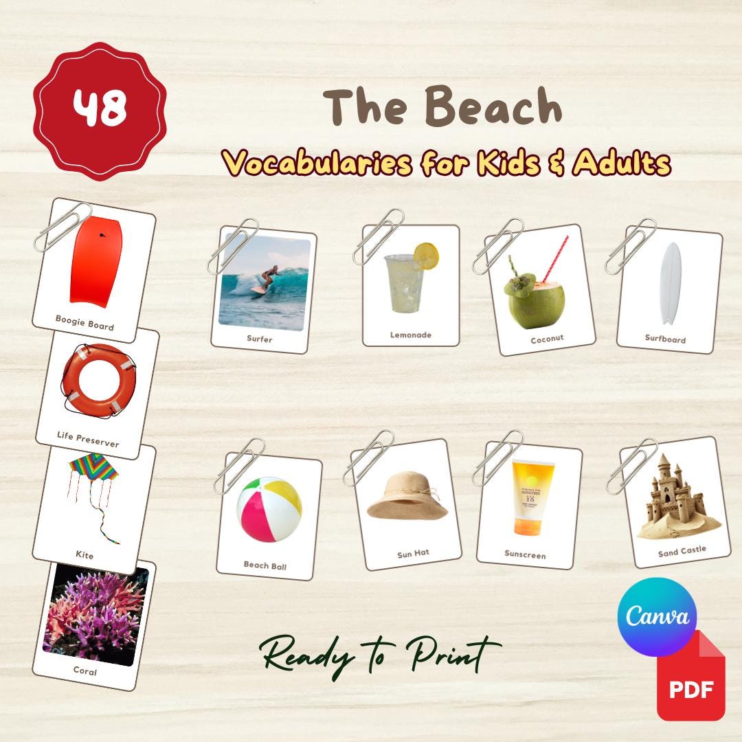 48 BEACH Flashcards: Montessori 3-part Cards (printable PDF + Editable ...