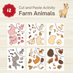 Könnte beinhalten: Ein Bastelset für Kinder mit dem Thema Bauernhoftiere. Das Set enthält Illustrationen von Schwein, Ziege, Ente, Lama, Hund und Truthahn sowie die Ausschnitte für jedes Tier. Der Text "Cut and Paste Activity Farm Animals" ist zu sehen.