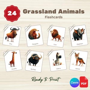 Watercolor Savanna Animals Flashcards: Montessori 3-Part Cards (Printable PDF + Canva Link