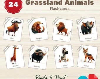 Akvarell savanndjursflashkort: Montessorikort i 3 delar (utskrivbar PDF + Canva-länk)