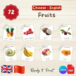 72 Simplified CHINESE Fruits Flashcards with Pinyin | Editable Montessori 3-Part Cards | Canva Link + Printable Pdf File | Preschool
