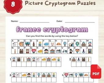 8 Criptograma da França | Quebra-cabeça de palavras para impressão Montessori Learning Preschool Homeschool para crianças e idosos Jogos para adultos idosos