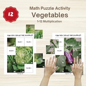 1-12 MULTIPLICATION Math Puzzle | 12 Vegetable Images | Math Game Montessori Puzzle Educational Worksheets Kindergarten Homeschool