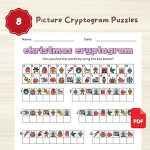 May include: A printable Christmas cryptogram puzzle sheet with the title "Picture Cryptogram Puzzles". The sheet features a key with Christmas-themed icons and numbered puzzles to solve. A red PDF icon is in the bottom right corner.