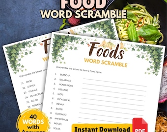 May include: White printable food word scramble game sheets with the words "FOOD WORD SCRAMBLE" at the top. The sheets have a decorative border of green leaves and pumpkins. The image also includes the text "40 WORDS with Answers" and "Instant Download PDF".