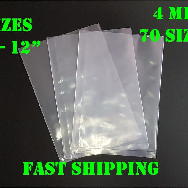 100 Count - Clear Plastic Poly Bags 4MIL Thickness Flat Open Top Small Large Baggies Jewelry Beads Rings Apparel Uline - Sizes 2" - 12"