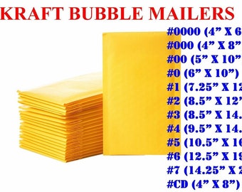 Any Size Kraft Bubble Mailers, Shipping Mailing Padded Envelopes, Mailing Bags, Yellow Mailers - Sizes #000 #00 #0 #1 #2 #3 #4 #5 #6 #7