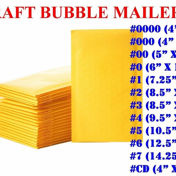 Any Size Kraft Bubble Mailers, Shipping Mailing Padded Envelopes, Mailing Bags, Yellow Mailers - Sizes #000 #00 #0 #1 #2 #3 #4 #5 #6 #7