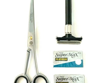 7.5″ GERMAN Haircutting Curved Blades Scissors Shears PLUS Safety Razor Blades Classic Shaving Excellent