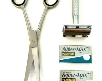 GERMAN Curved Blades Unisex Hair Grooming HASHIR’s Scissors Shears PLUS Safety Razor Blades Excellent Gift Set Kit