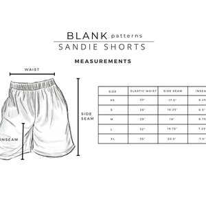 Op de afbeelding: Een maattabel voor Sandie Shorts, een patroon voor het maken van shorts. De tabel toont de maten voor de elastische taille, de zijnaad en de binnenbeenlengte voor de maten XS, S, M, L en XL. De maten zijn in inches.