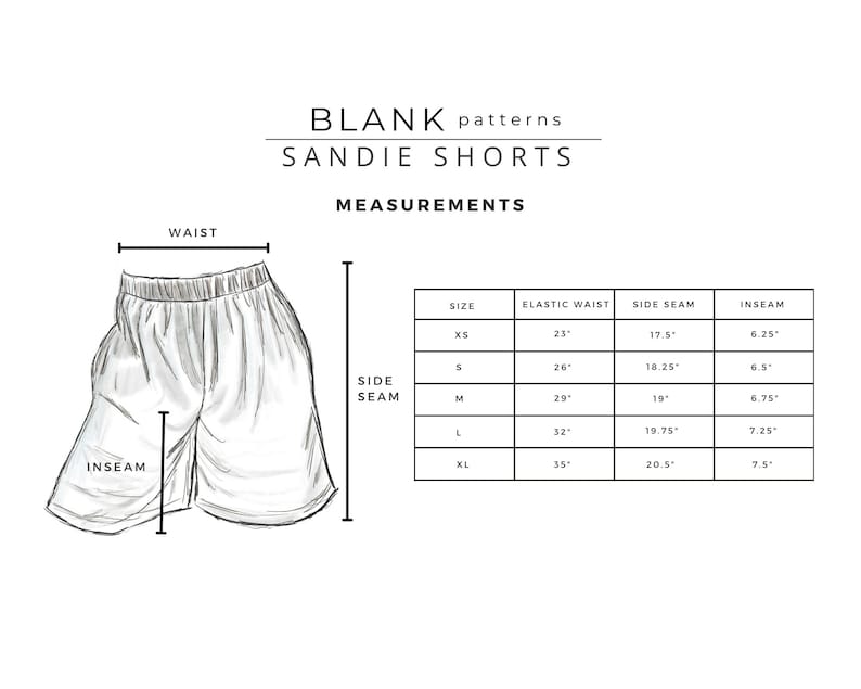 Op de afbeelding: Een maattabel voor Sandie Shorts, een patroon voor het maken van shorts. De tabel toont de maten voor de elastische taille, de zijnaad en de binnenbeenlengte voor de maten XS, S, M, L en XL. De maten zijn in inches.