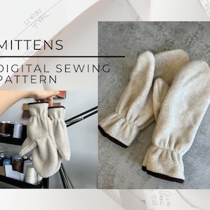 May include: A digital sewing pattern for mittens. The image shows two pairs of beige fleece mittens with brown trim. The text "Mittens" and "Digital Sewing Pattern" is visible in the image.