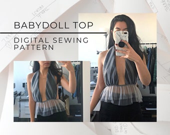 May include: A digital sewing pattern for a babydoll top. The top is a halter style with a deep V-neck and a layered tulle skirt. The top is shown in a gray and white striped fabric.