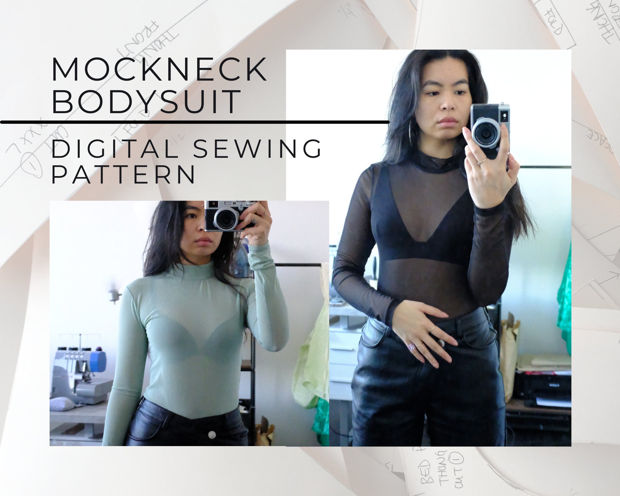 Digital PDF Sewing Pattern Bodysuit Mockneck Bodysuit Long Sleeve