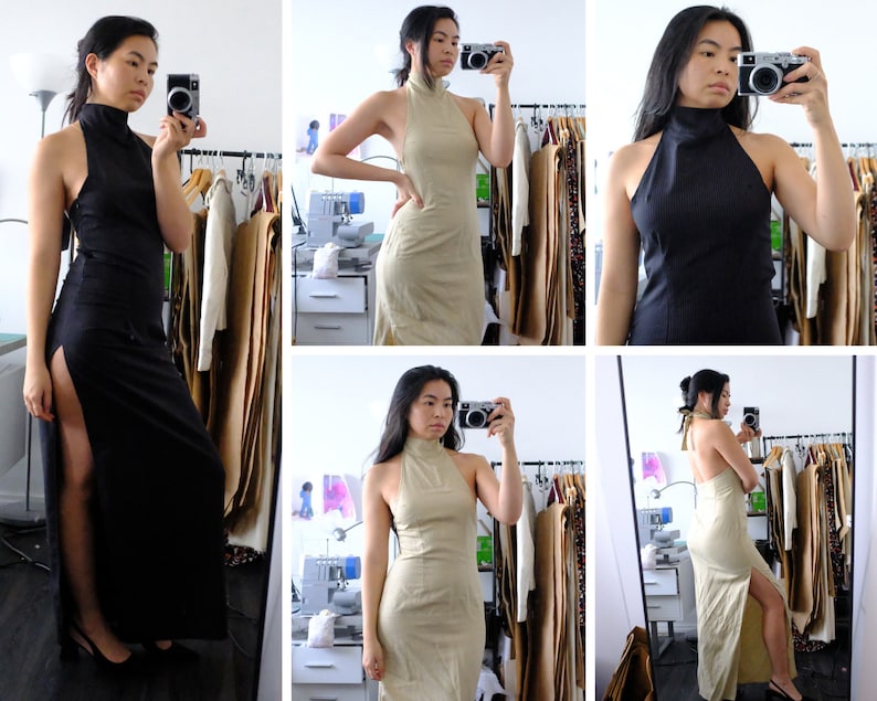 Puede incluir: Una mujer lleva un vestido negro de tirantes con cuello alto y una abertura en el muslo. El vestido est&aacute; hecho de una tela el&aacute;stica y tiene una silueta ajustada. La mujer est&aacute; de pie frente a un espejo y se est&aacute; tomando una selfie.