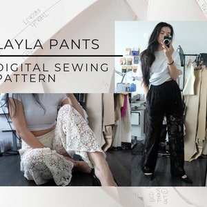 Può includere: Modello di cucito digitale per pantaloni Layla. Una donna indossa pantaloni di pizzo bianco e nero. L'immagine mostra due viste diverse dei pantaloni.