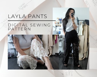 Op de afbeelding: Layla Pants Digitaal Naai Patroon. Een vrouw draagt een witte en zwarte kanten broek. De afbeelding toont twee verschillende weergaven van de broek.