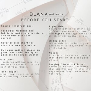 Puede incluir: Una hoja de papel blanca con instrucciones para patrones de costura. El texto incluye "BLANK patterns", "BEFORE YOU START...", "Read all instructions", "Test your machine and fabric", "Refer to size chart", "Cut your pattern pieces", "Grain Line", "Stitch length", "Right Side", "Wrong Side", "Notch", y "Serging/Overlock Stitch".