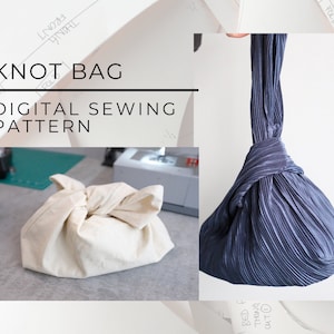 May include: A digital sewing pattern for a knot bag. The image shows a white fabric bag tied in a knot and a blue fabric bag tied in a knot.