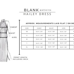 Puede incluir: Una tabla de tallas para un vestido con medidas en pulgadas. La tabla muestra las medidas de talla, pecho, cintura, caderas y longitud para las tallas XS, S, M, L y XL.