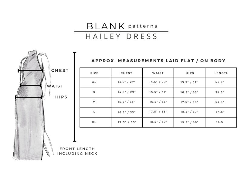 Puede incluir: Una tabla de tallas para un vestido con medidas en pulgadas. La tabla muestra las medidas de talla, pecho, cintura, caderas y longitud para las tallas XS, S, M, L y XL.