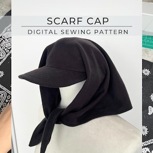 Könnte beinhalten: Ein schwarzes Schal-Mützen-Nähmuster. Das Muster ist für eine Kapuze mit einem Schal. Die Mütze ist aus einem weichen, schwarzen Stoff. Das Muster ist digital und kann heruntergeladen werden.