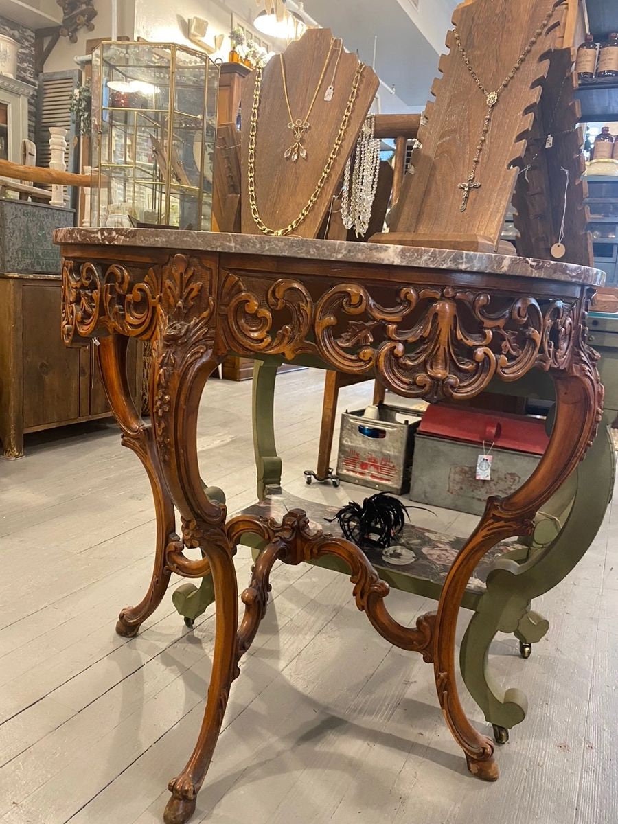 French Walnut Half Moon Marble Top Table Etsy