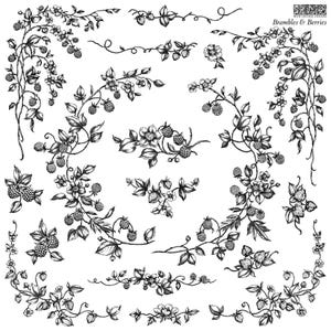 May include: A collection of black and white botanical illustrations featuring brambles, berries, and flowers. The sheet includes various vine arrangements, individual sprigs, and clusters of fruit. The text "Iron Orchid Designs" and "Brambles & Berries" appears in the top right corner.