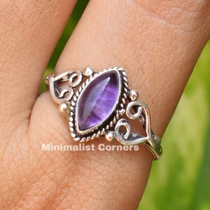 Marquise Amethyst February Birthstone Ring, Handmade 925 Sterling Silver Purple Stone Jewelry, Women's Simple Midi Christmas Valentine Rings