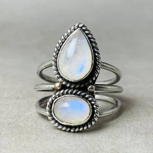 Natural Rainbow Moonstone Sterling Silver Jewelry, Handmade Pear & Oval Two Stone Ring, Blue Flashy Gemstone Women's Wired Design Ring