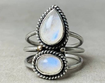 Natürlicher Regenbogen Mondstein Sterling Silber Schmuck, Handgemachter Birne & Oval Zwei Stein Ring, Blauer Auffälliger Edelstein Frauen Wired Design Ring