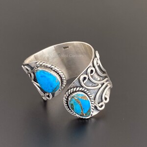 Genuine Blue Copper Turquoise 925 Sterling Silver Boho Adjustable Rings - Handmade Tear Drop Two Stone December Birthstone Women's Gift Ring