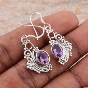 Amethyst Oval Shape Gemstone Handmade Earring, 925 Sterling Silver Bohemian Style Dangle & Drop Earring, Cut February Birthstone Jewelry