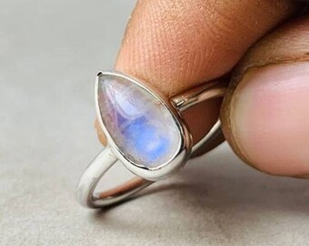 Rainbow Moonstone Solid 925 Sterling Silver Ring, Gemstone Moonstone Women's Ring, Wide Band Minimalist 925 Silver Ring, Handmade Ring