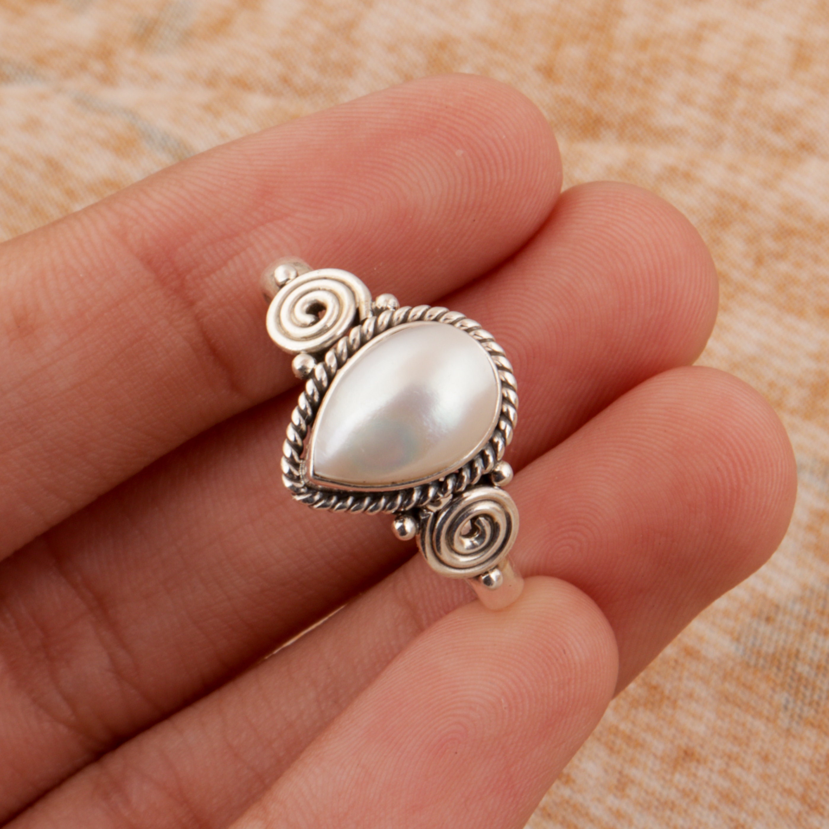 Natural Pearl Ring Solid Stone Ring 925 Sterling Silver Ring
