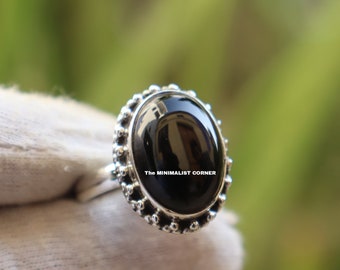 Genuine Oval Shape Black Onyx 925 Sterling Silver Handmade Boho Jewelry, Unique Design July Birthstone Dainty Gift Jewelry For Women's