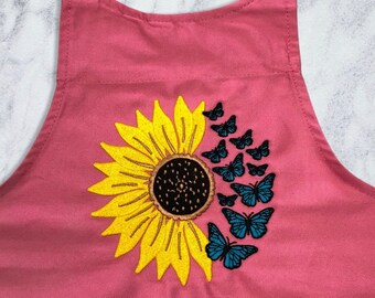 BEAUTIFUL Embroidered Sunflower Apron, Stitched Butterfly(any colour) Apron With Pocket, Gifts for her