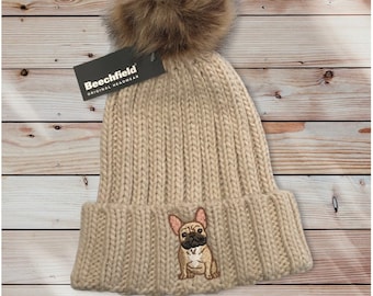 Premium French bulldog Bobble Beanie Hat, Ladies embroidered French bulldog hat, frenchie bulldog gift idea present