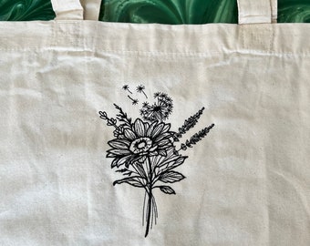 Embroidered Reusable Handmade Canvas Tote Bag with Embroidered Natural Wildflower - Ecofriendly Gift Wildflowers