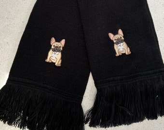 Embroidered Frenchie French Bulldog Scarf, Cute Winter Frenchie French bulldog scarves, Frenchie Gift, Embroidery dog Present